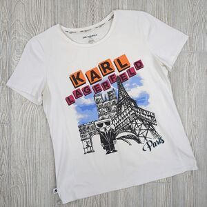 Karl Lagerfeld Paris White Graphic T-Shirt Paris Cityscape Womens Medium